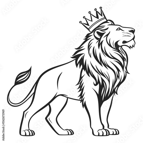 Black and white lion illustration wearing crown standing on a solid white background king