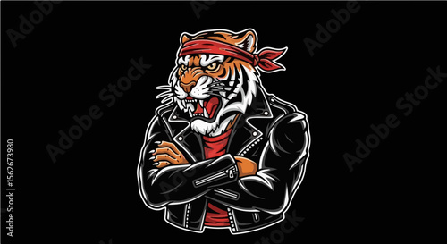 Aggressive cartoon biker tiger in leather jacket and red headband with arms crossed on black