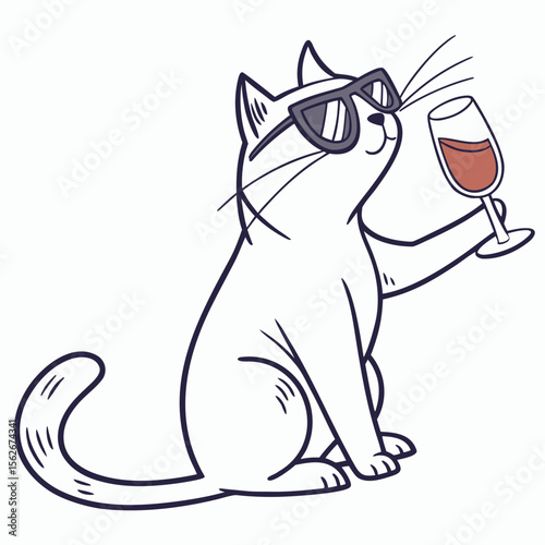 Cartoon cat wearing sunglasses holding wine glass with red liquid on white background feline