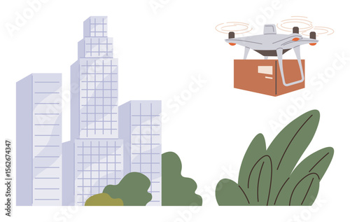 Drone carrying a package mid-air near tall glass skyscrapers and leafy plants. Ideal for technology, urban logistics, innovation, e-commerce, delivery services, modern city life, simple flat metaphor