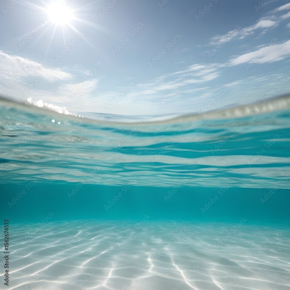 Fototapeta premium Sunlit turquoise water meets sandy seabed, a serene underwater landscape with sky above