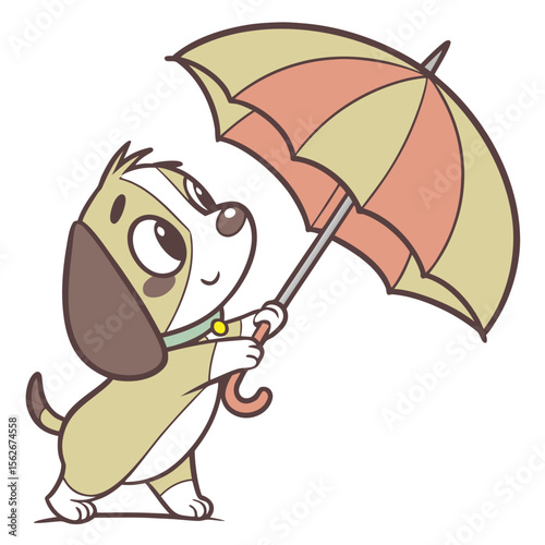 Cartoon dog holding umbrella looking up with beige and pink colors on white background puppy