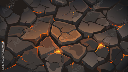 An abstract, textured illustration depicting dry, cracked earth with glowing orange fissures, suggestive of intense heat, volcanic activity, or a parched, desolate landscape.