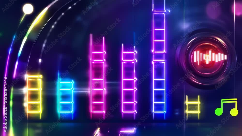 vibrant equalizer display glowing with neon lights, pulsating rhythm and visual representation of dynamic audio frequencies