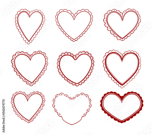 Hand Drawn Scalloped Heart Outline Set. A romantic set of 9 hand drawn heart outlines with scalloped borders dotted trims and decorative in elegant red contour style. Perfect for cards wedding crafts