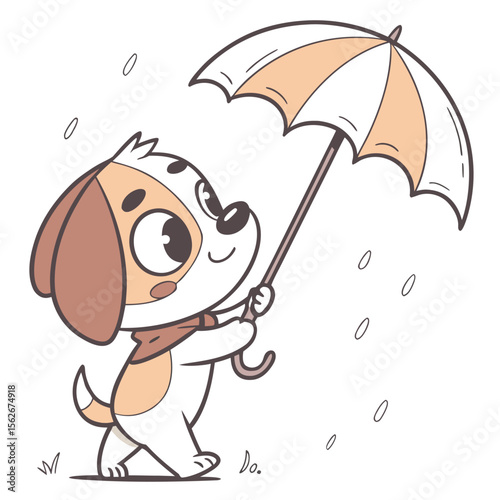 Cartoon puppy holding umbrella in the rain with brown and white color scheme vector illustration