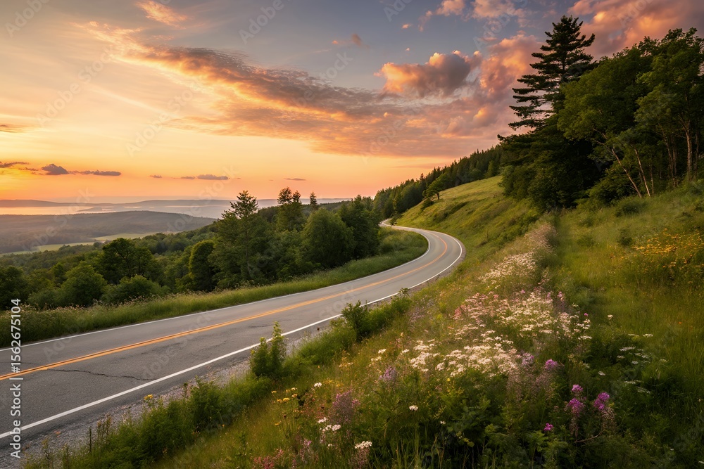 Obraz premium Scenic winding mountain road at sunset with vibrant orange clouds illuminating the sky over rolling hills and lush green forests dotted with wildflowers