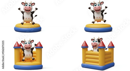 Cartoon cow jumping on inflatable bouncy castles