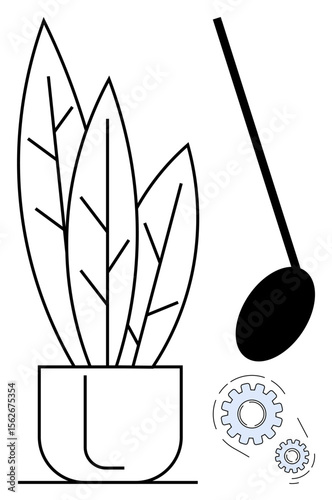 Potted plant with broad leaves, a black ladle, and two small gray gears. Ideal for themes thumbs up growth, sustainability, tools, productivity, innovation nature collaboration. Simple flat