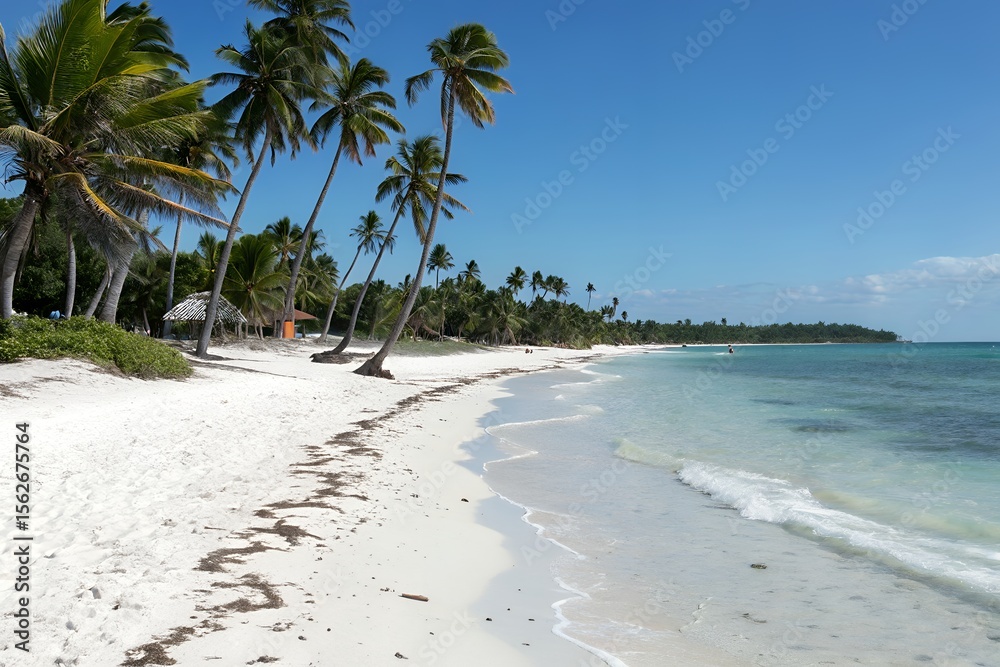 Fototapeta premium A serene tropical beach with pristine white sand swaying palm trees and crystal clear turquoise water under a bright blue sky with a few wispy clouds