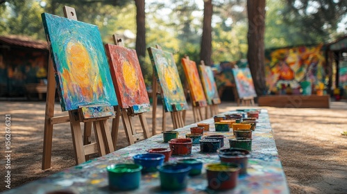 Vibrant Outdoor Art Studio with Colorful Canvases and Paints
