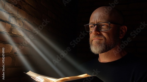 Man Reading Book in Sunlight with Bookshelf Background