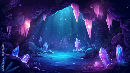 Magical Crystal Cave With Glowing Gems And Water