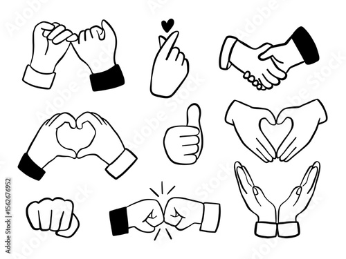 Hand Gesture Outline Icon Collection. A clean black and white collection of 9 hand gesture icons including pinky promise heart hand fist bump thumb up in outline style. Perfect for sticker branding UI