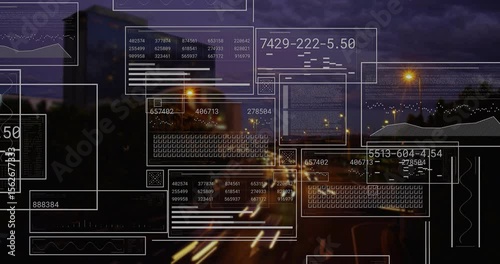 After dusk stillness UI panels spawning above highway, numbers updating for traffic visualization