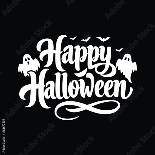 Happy Halloween Lettering with Flying Bats and Ghost Silhouettes .