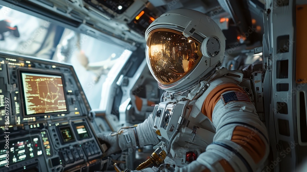 Fototapeta premium Astronaut in Spacecraft Cockpit with Control Panel and Dashboard