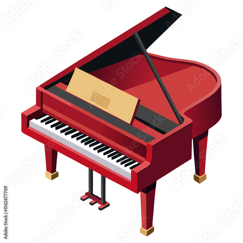 An isometric illustration of a glossy red grand piano with its lid open and sheet music on the stand.