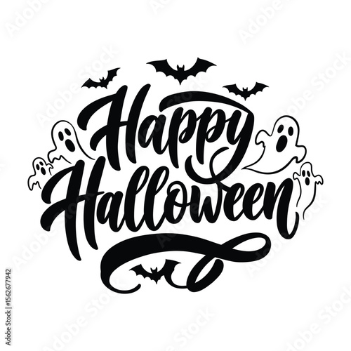 Happy Halloween Lettering with Flying Bats and Ghost Silhouettes .