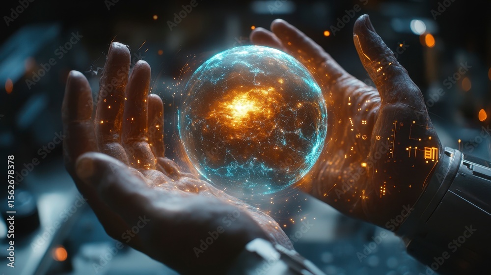 Obraz premium Hands Holding a Glowing Sphere of Energy and Cosmic Particles