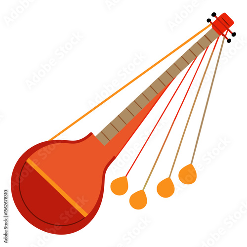 A stylized, orange and red stringed musical instrument, possibly a Tumbi or a similar folk instrument, with resonators.