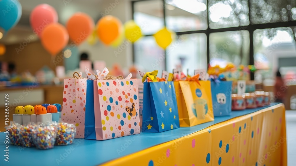 Obraz premium Colorful Gift Bags and Party Decorations in a Bright Celebration Scene
