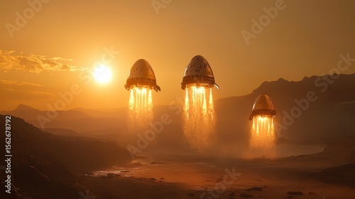 Three Spacecraft Ascending Against a Sunset in an Alien Landscape