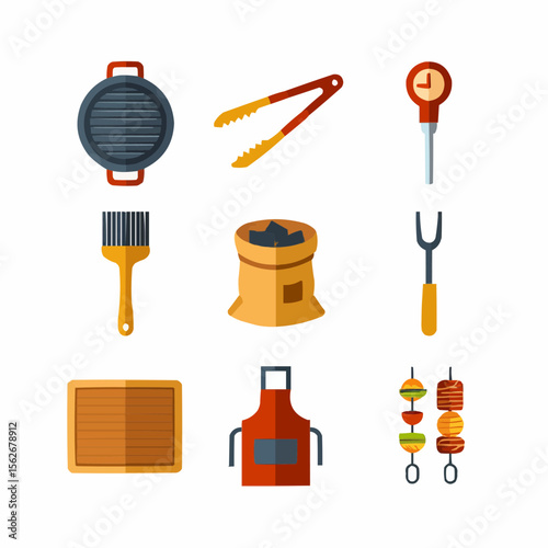 Icon set of 9 grill tools: grill pan, tongs, meat thermometer, basting brush, charcoal bag, grilling fork, BBQ tray, apron, and skewers