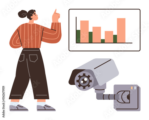 A woman points to a bar chart with a security camera nearby, symbolizing analytics, privacy, and security. Ideal for technology, AI, risk analysis, innovation, business strategy digital safety