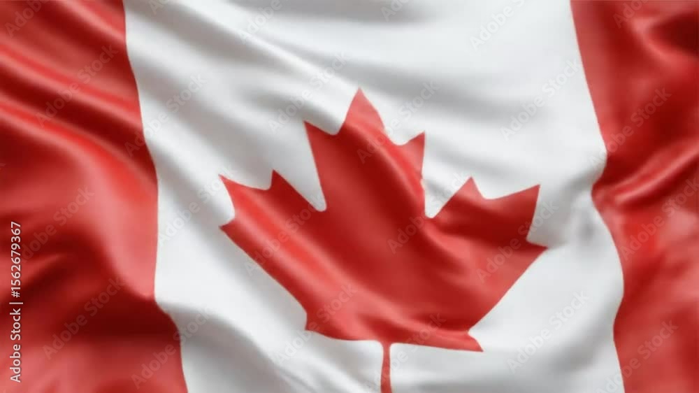 A close-up view of a Canadian flag with its red maple leaf centered on a white background and red vertical bands on each side, the fabric slightly rippled.