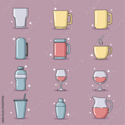 Icon set of 9 drinkware kitchen items: glass, mug, cup, thermos, wine glass, water bottle, tumbler, cocktail shaker, and pitcher