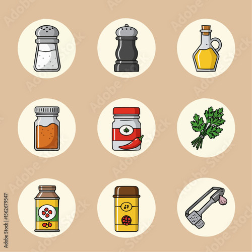 bundle set of kitchen seasoning: salt shaker, pepper grinder, oil bottle, vinegar, 
