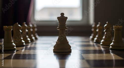 Strategic Chessboard Setup: Queen's Gambit Opening, A Close-Up View of the Chess Pieces Positioned on the Board, Ready for the Next Move