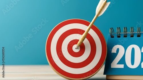A dartboard with an arrow in the bullseye sits beside a desk calendar displaying 