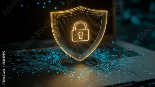 A glowing gold shield with a padlock icon hovers above a dark circuit board.