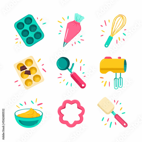 mixing bowl, cooling rack, baking tray, muffin pan, and dough scraper — vibrant flat style with no gradients and bold lines