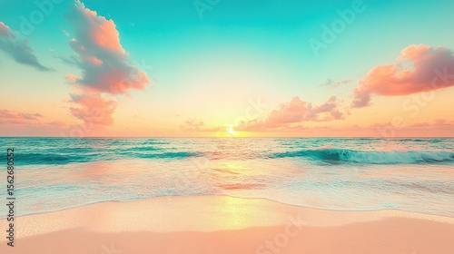 A tranquil beach scene at sunrise with pastel colors.