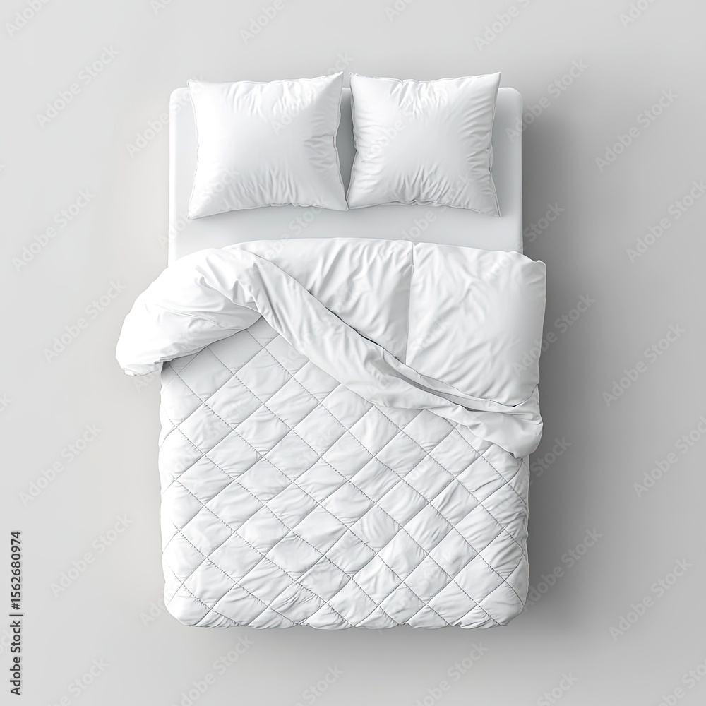 Fototapeta premium Overhead view of a white bed with a quilted comforter
