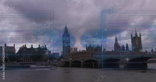 Upon network overlay appearing over London skyline showing connectivity while boat cruising Thames