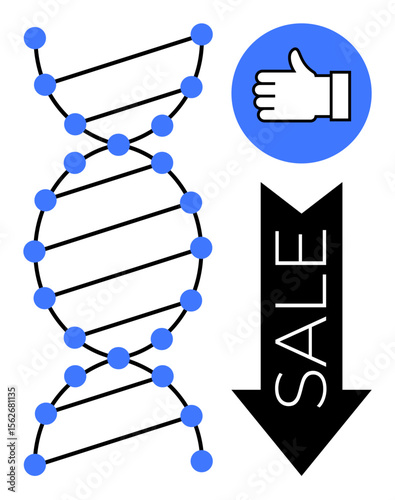 DNA helix with blue nodes, approval thumbs-up icon, and sale downward arrow graphic. Ideal for science, medicine, marketing, genetics, biotech, education business promotion and simple landing page