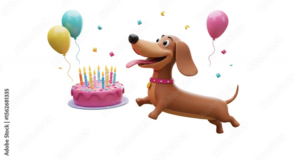 Obraz premium Cartoon dachshund celebrates birthday with cake