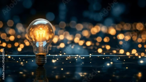 A lit incandescent light bulb stands on a reflective surface against a blurred background of warm-toned bokeh lights.