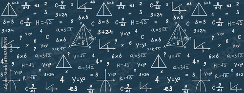 Hand Drawn Seamless Math Background with Formulas and Graphs on Chalkboard.