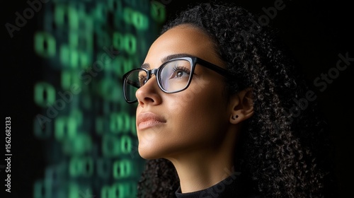 Young Woman Contemplating Technology with Digital Background