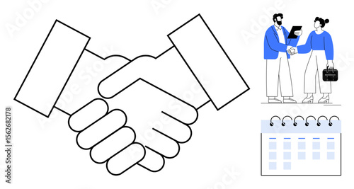 Handshake representing agreement, professionals discussing documents, and calendar for planning. Ideal for business, partnership, negotiation, collaboration, teamwork scheduling deal-making. A