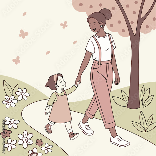Mother and Daughter Walking Hand-in-Hand in Park