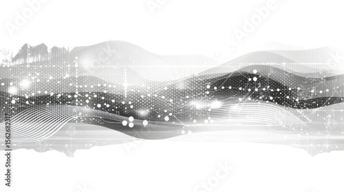 Abstract monochrome waves and dots with shimmering light effects on a clean background