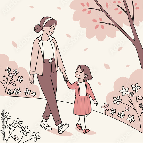 Mother and Daughter Walking Hand in Hand Illustration, Park Stroll, Family Bonding, Springtime Joy