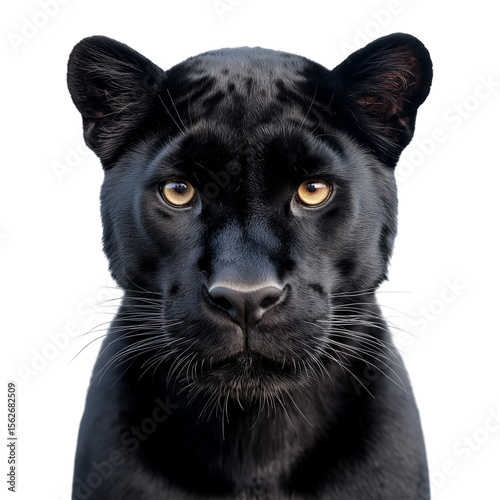 Black panther front view on white background, realistic wild leopard portrait