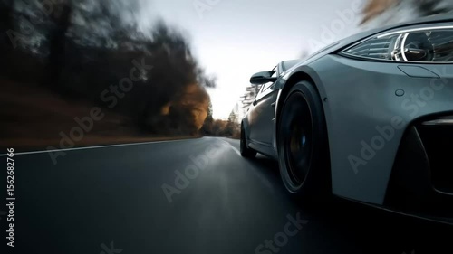 A silver-gray car drives on a paved road, moving away from the camera's low viewpoint, near autumnal trees.